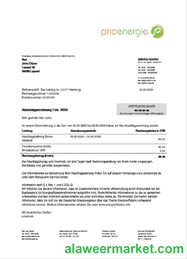 Germany Prioenergie proof of address utility bill